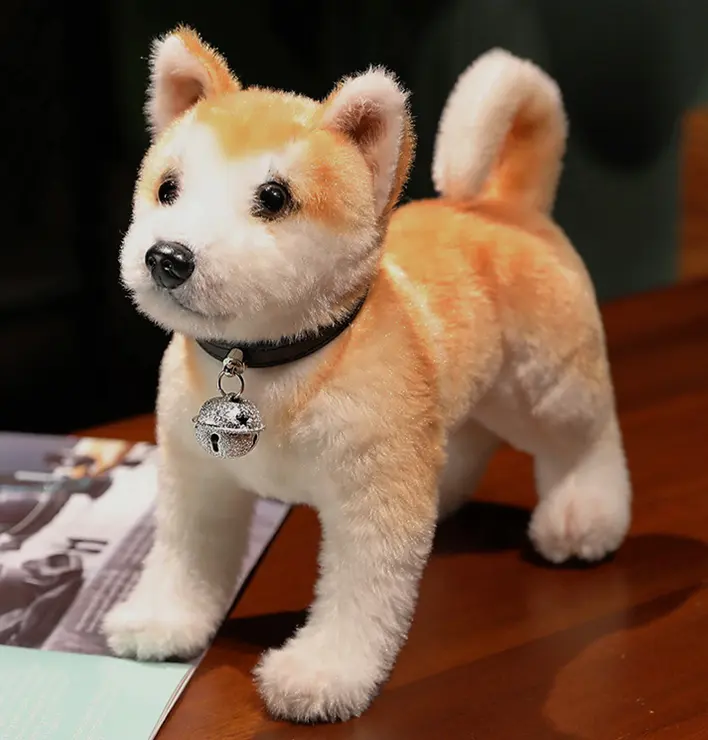 Animal de pelúcia realista shiba inu, brinquedo de pelúcia de anime para cachorro akita, brinquedo de animal de pelúcia com gola e sinos