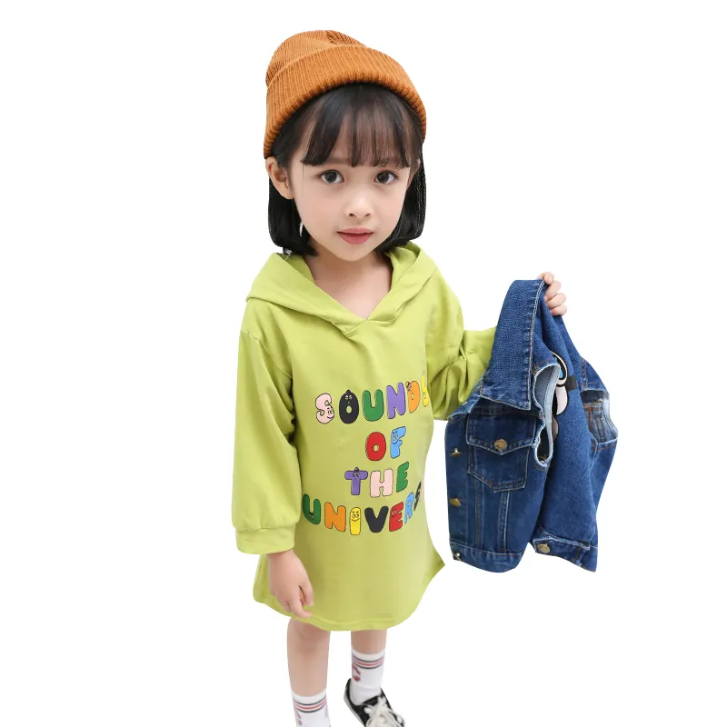 Amostra grátis Branded Kids Wear Atacado Little Kids Girls Long Sleeve Jeans Vestidos Com Capuz Made In China