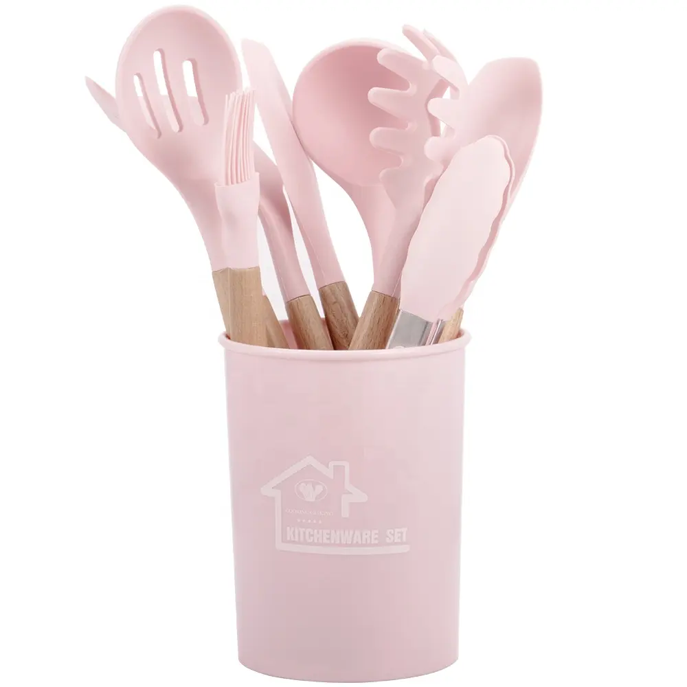 Lwo Price Ensemble d'ustensiles de cuisine en silicone résistant à la chaleur coloré sans BAP avec manche en bois