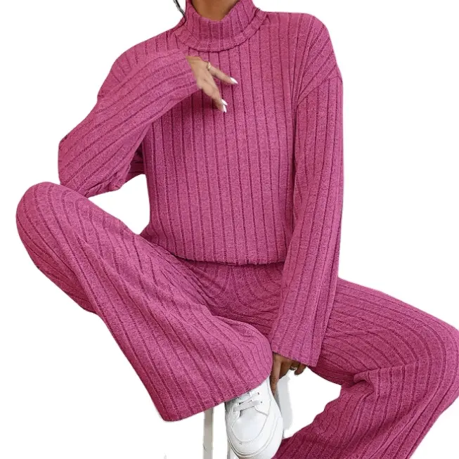 Ensemble de tricot côtelé à col roulé décontracté pour femmes-Motif solide-Spandex épais Taille L XL Modèle Pull-over d'hiver pour femmes