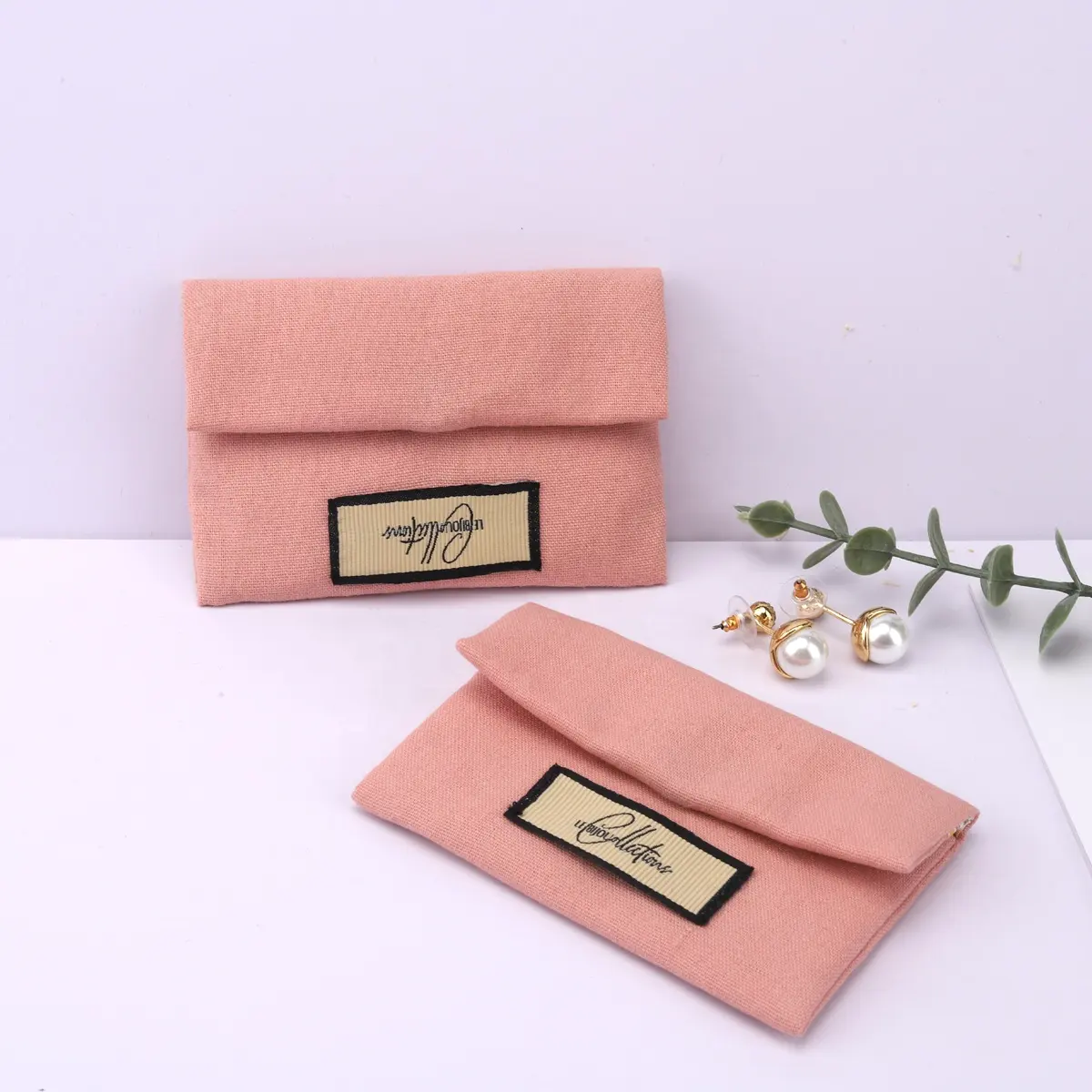 Bolsa de Peine con logotipo personalizado impreso, pequeño sobre rosa de lona, peine para polvo, bolsa de embalaje de cosméticos con botón