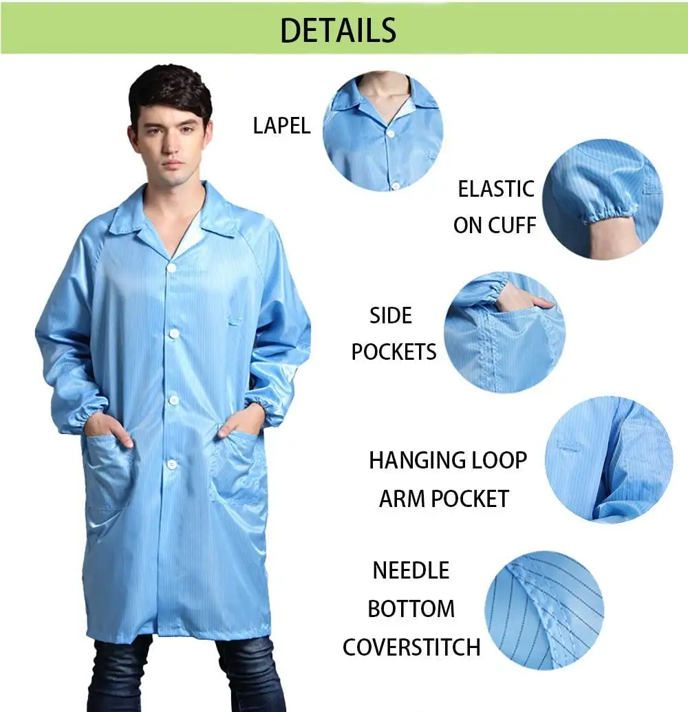 Polyester Labcoat ESD Safety Clothing Cleanroom Antistatic Coat Anti static Smock Conductive Fiber Cleanroom ESD Smock