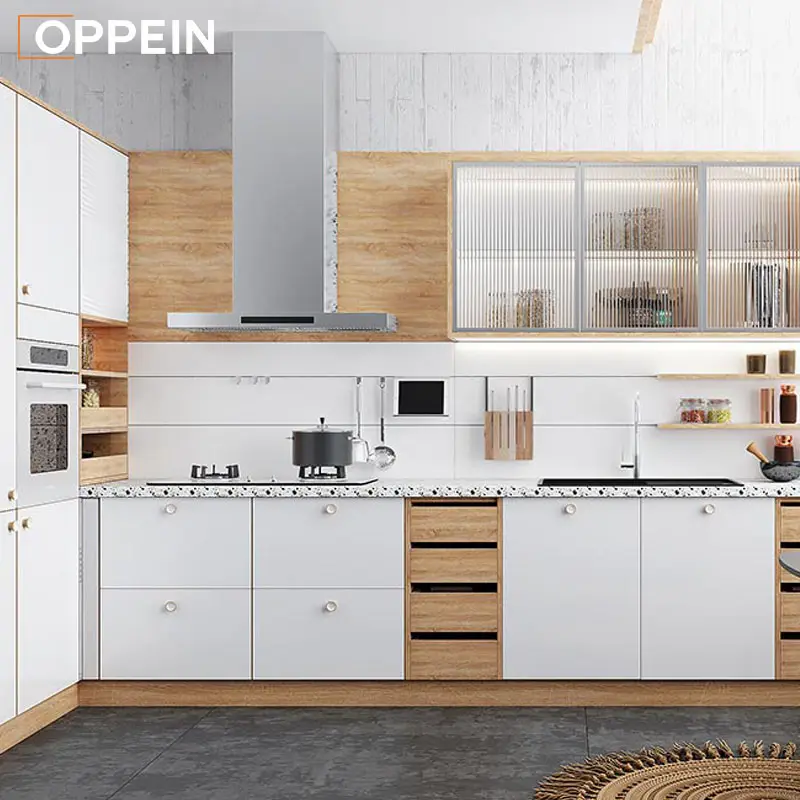 Современная Белая встроенная мебель OPPEIN на заказ, кухонные шкафы