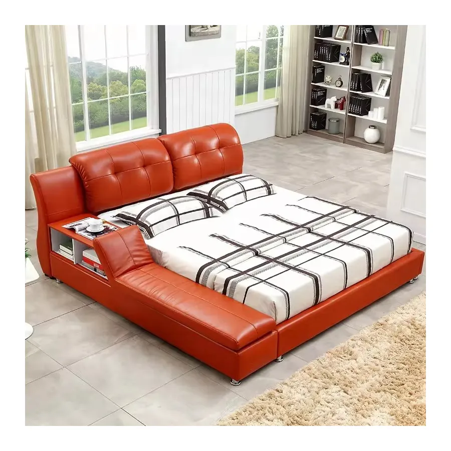Евро дизайн Роскошная современная кровать из натуральной кожи для хранения Красная кожаная изголовье кровати