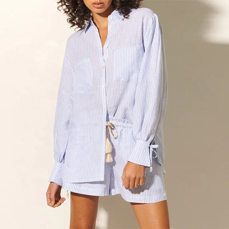 Ropa de mujer personalizada Blusas casuales de lino y algodón para damas Camisa de rayas con botones de manga larga Tops con bolsillos