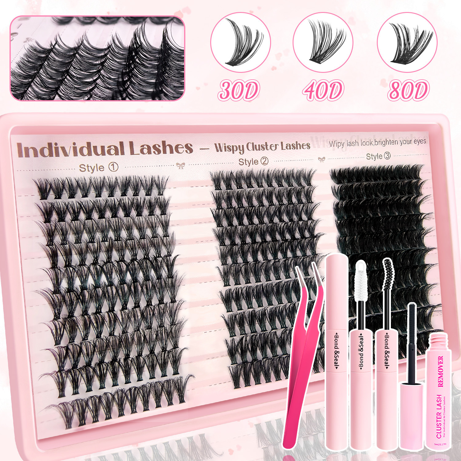 Cils 30/40/50D + Outils pour cils + Dissolvant pour cils