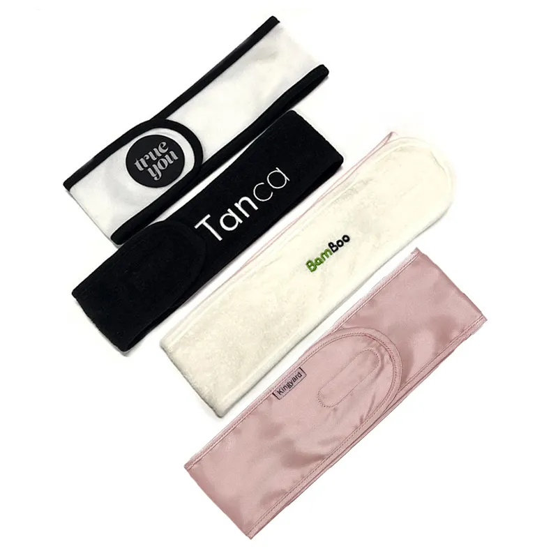 Logotipo personalizado secagem rápida microfibra veludo bambu cetim algodão banho rosto lavagem meninas designer maquiagem spa headbands para as mulheres