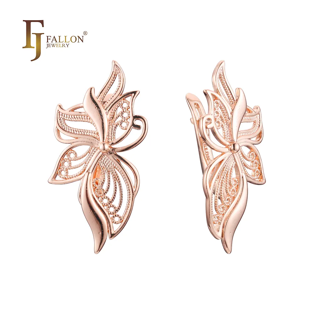 F82100912 FJ Fallon Brincos de borboleta em folhas de joias da moda banhados a ouro rosa 585 base de latão