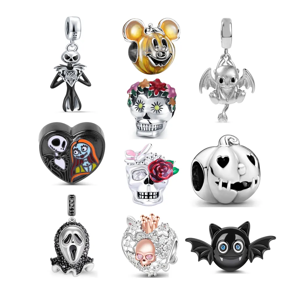 Colección de Halloween, abalorios de Plata de Ley 925, colgante de calavera y murciélago, compatible con abalorio de Pan Original, pulsera DIY para joyería Glamour