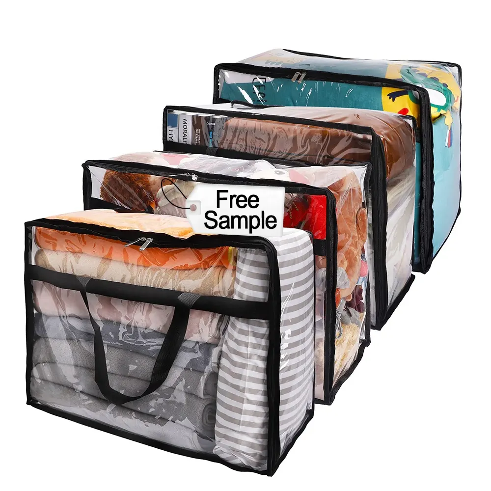 Bolsas de almacenamiento con cremallera de plástico transparente de 60L duraderas para ropa de manta con cremallera y asa reforzada