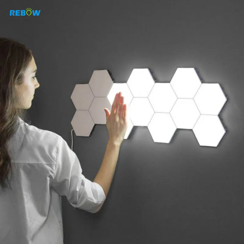 Rebow 드롭 배송 재고 벽 마운트 자기 벌집 양자 화이트 터치 DIY led 밤 육각 조명