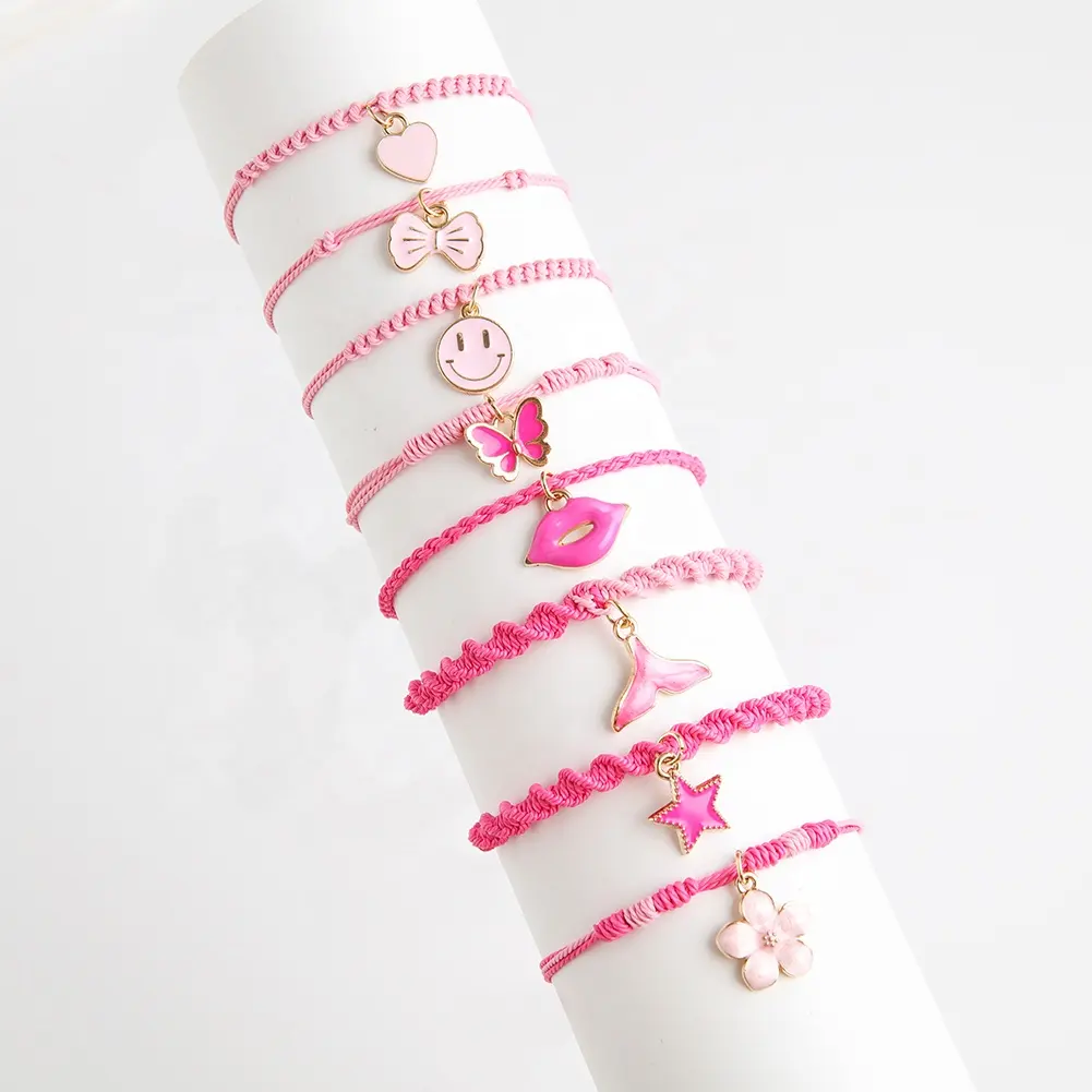 Cute Girl Pink Woven bracelet Cartoon love Butterfly lips zinc alloy charms girl Bracelet Girl jewelry gift