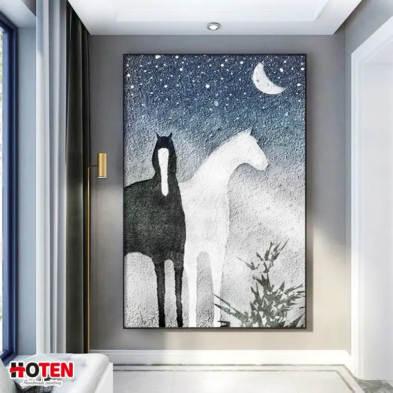 Pintura al óleo pintada a mano, cuadro moderno de caballo blanco, Caballo Negro, animal colgante, cielo estrellado, pintura decorativa