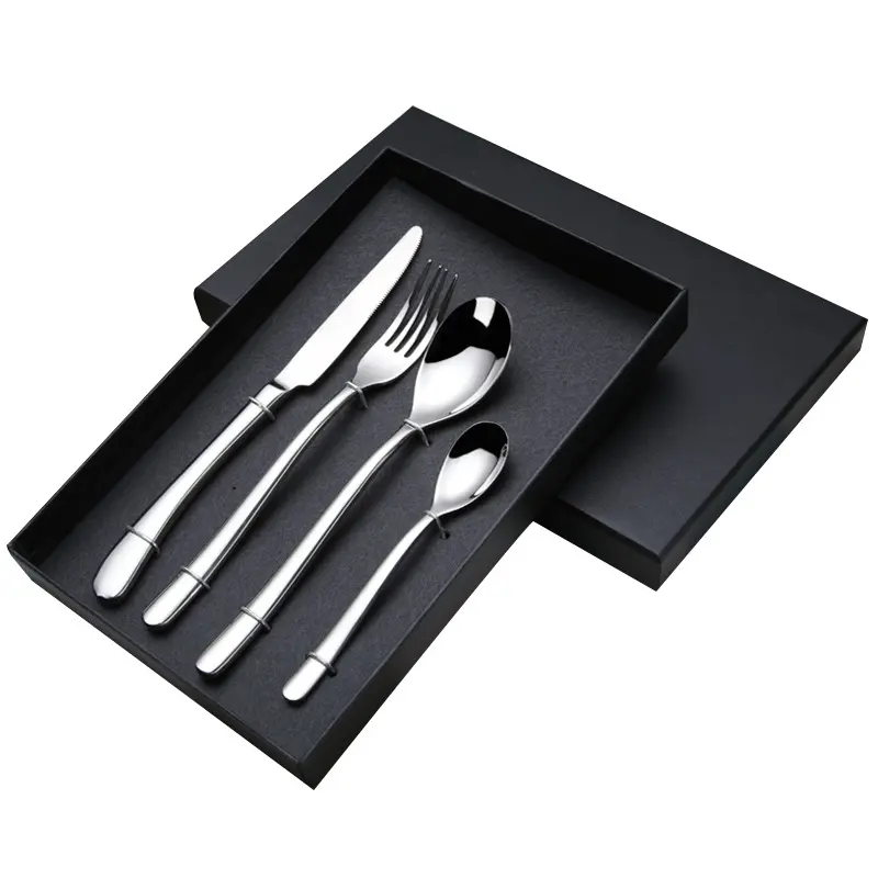 Cuchillo de metal de lujo con logotipo personalizado, tenedor y cuchara, vajilla de acero inoxidable 304, juego de vajilla, caja de regalo