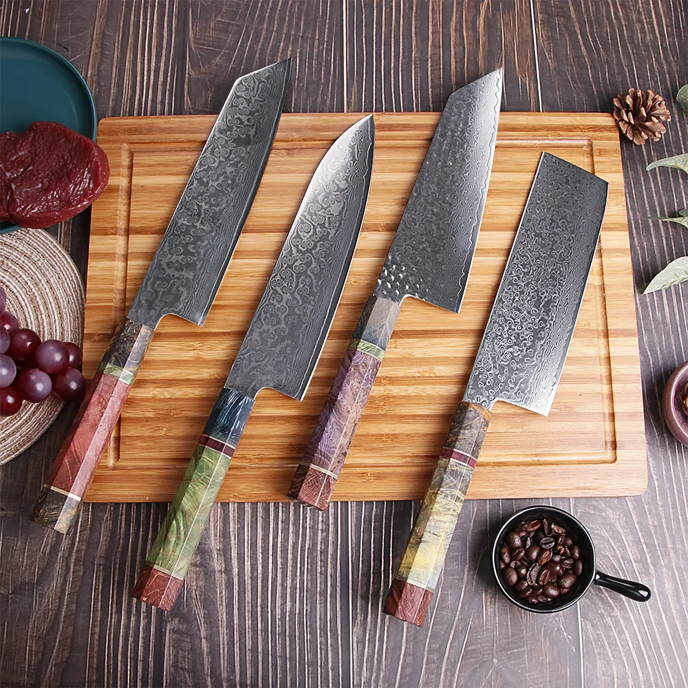 Accesorios de cuchillos de cocina con logotipo personalizado, cuchillo de cocina de madera estabilizada VG10, 8 pulgadas, Damasco, Chef