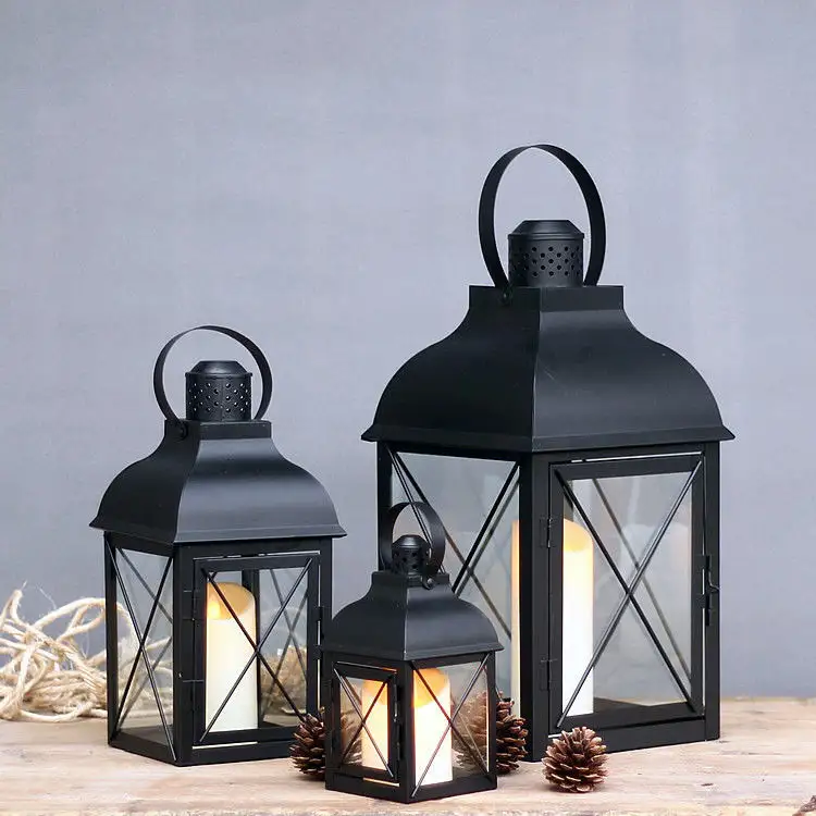 Lanterna da giardino in metallo da appendere lanterna portatile in ferro antivento in metallo nero pezzi centrali per lanterne da tavolo all'aperto