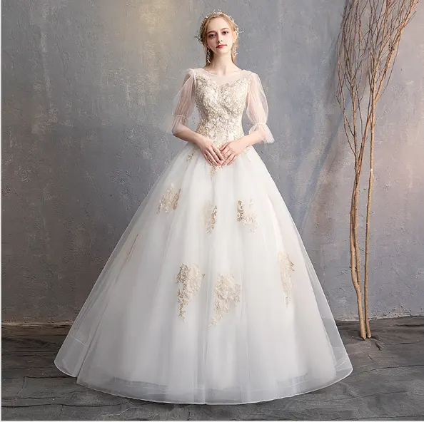 Robe de mariée blanche, tenue de mariage à manches courtes, coupe cintrée, Style coréen, bon marché, mode,