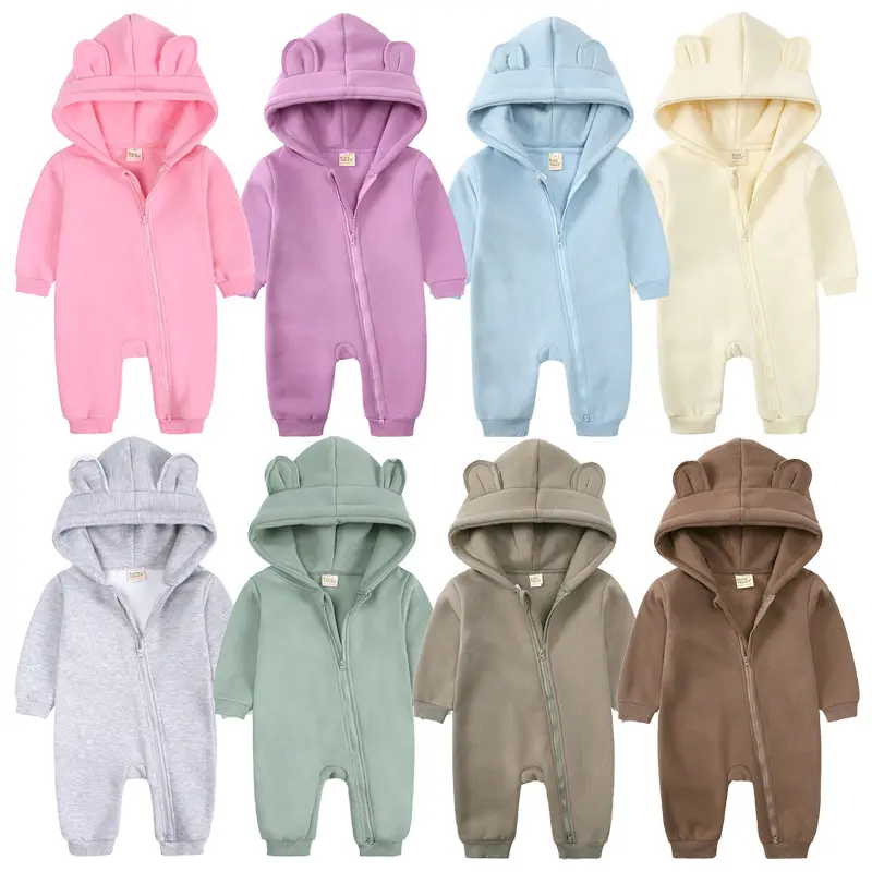 Autumn Winter Thick Toddler Clothes Baby Plain Overall Cute Bear Ear Hooded Long Sleeves Jumpsuit Baby Romper Jumpsuit