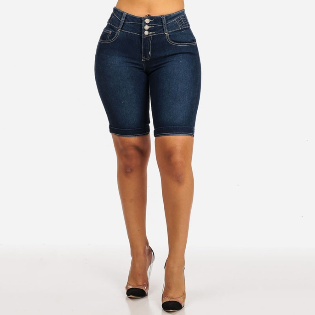 Short en jean skinny bleu foncé, pantalon capri