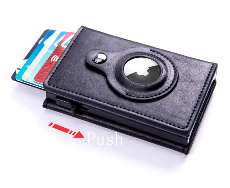 Billetera minimalista inteligente para hombre, billetera con cierre magnético de fibra de carbono PU, bloqueo RFID de aluminio Pop-up, con funda Airtag