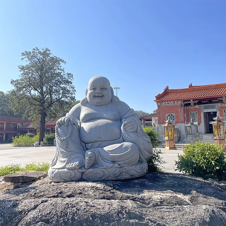 Taman dekorasi luar ruangan batu granit putih alami ukiran patung Buddha Maitreya tertawa bahagia untuk dijual