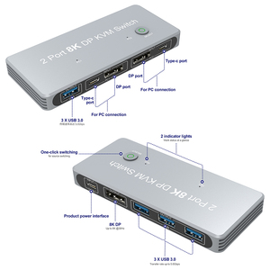 A108 8K 60Hz 4K 144Hz <strong>2</strong> Port <strong>KVM</strong> <strong>Switch</strong> 2x1 DP <strong>2</strong>.<strong>1</strong> Switcher <strong>2</strong> <strong>Input</strong> <strong>1</strong> <strong>Output</strong> Support Led Indicator <strong>2</strong> in <strong>1</strong> Out USB 3.0 <strong>KVM</strong> <strong>Switch</strong>