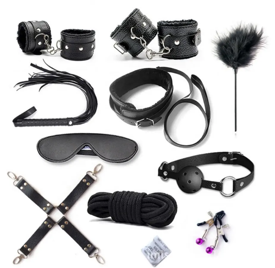 10 pz/set per donna PU Leather SM Bondage Set Sex manette Footcuffs Whip Rope Eye Mask Blindfold giocattoli erotici coppie