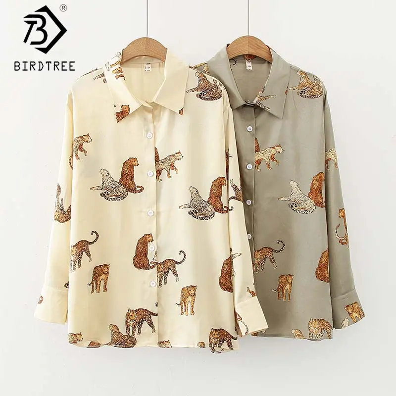Blusa informal de satén con manga larga para verano, camisa con estampado de leopardo japonés para mujer, T09304W
