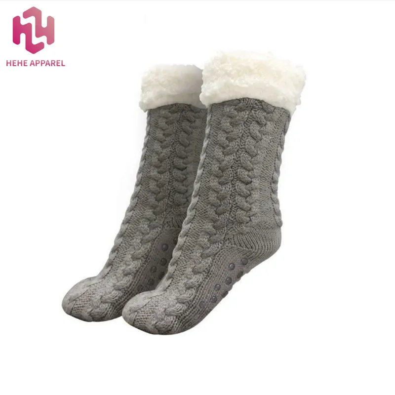 HEHE – chaussettes hautes antidérapantes pour femmes, tricotées à la main en laine polaire doublée, chaussons longs, chaussettes duveteuses de noël, nouvelle collection 2021