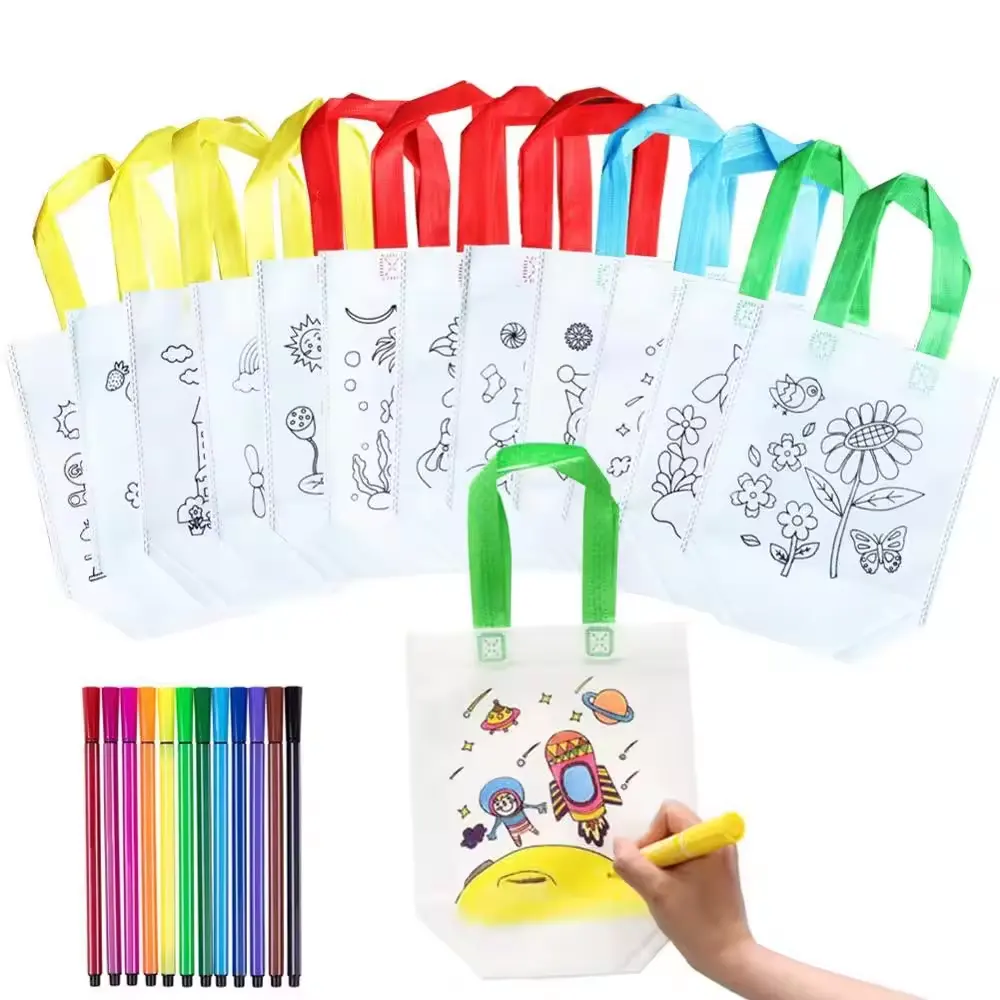 Diy Kids Coloring Bags Easy Paint Graffiti Bags Lindo bolso no tejido para ir de compras