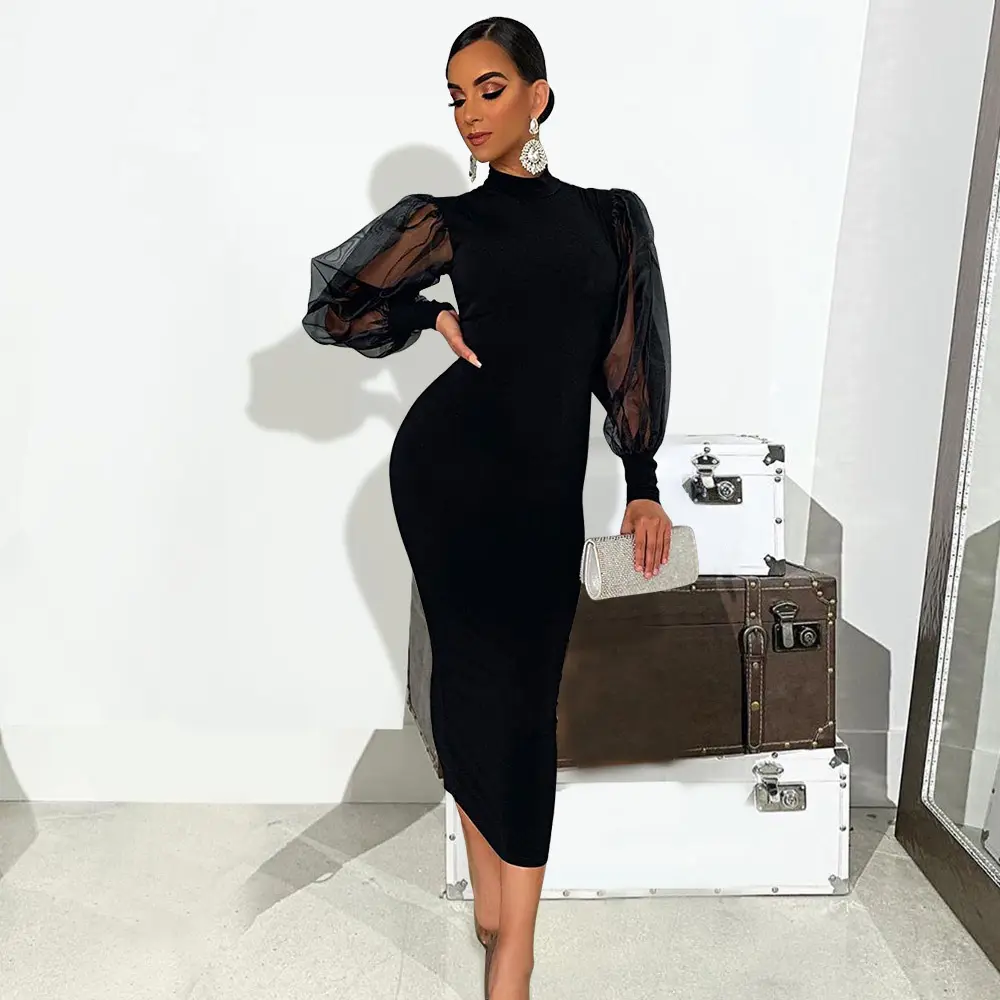 Ladies Elegant Casual Little Black Dress Mesh Long Sleeve Under the Knee Midi Fitting Dress Classy Vintage Women Dinner Dresses