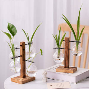 透明玻璃灯泡花瓶复古木架和铁架旋转支架水培植物玻璃容器