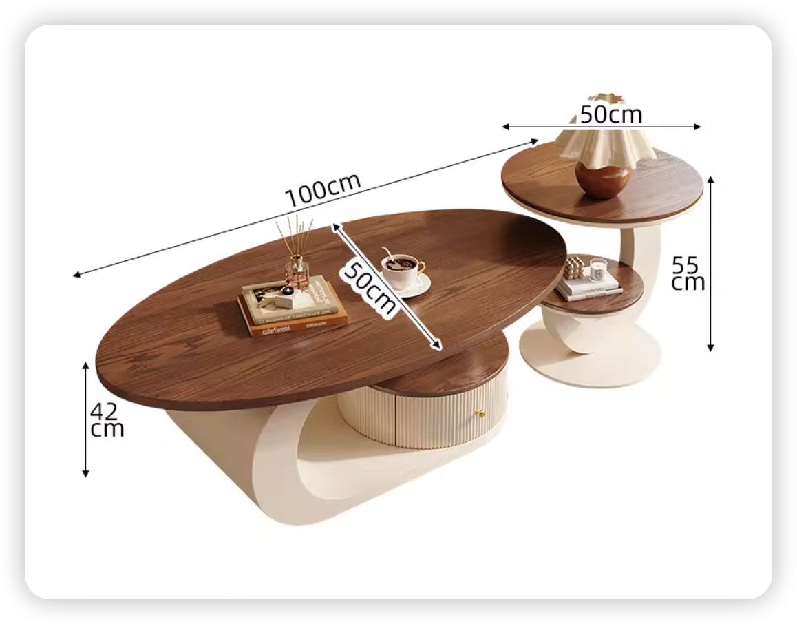 Table d'appoint blanche, plateau en noyer, 100 cm.