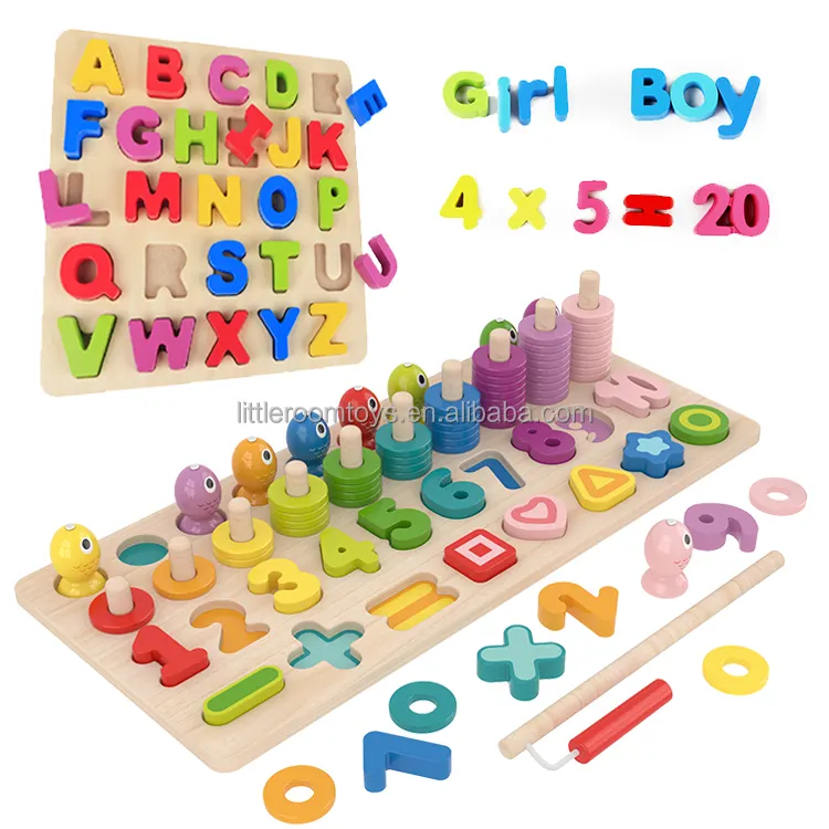 Jogo de pesca magnético número atividade habilidades básicas crianças montessori mão de madeira quebra-cabeça placa alfabeto forma jogo brinquedos