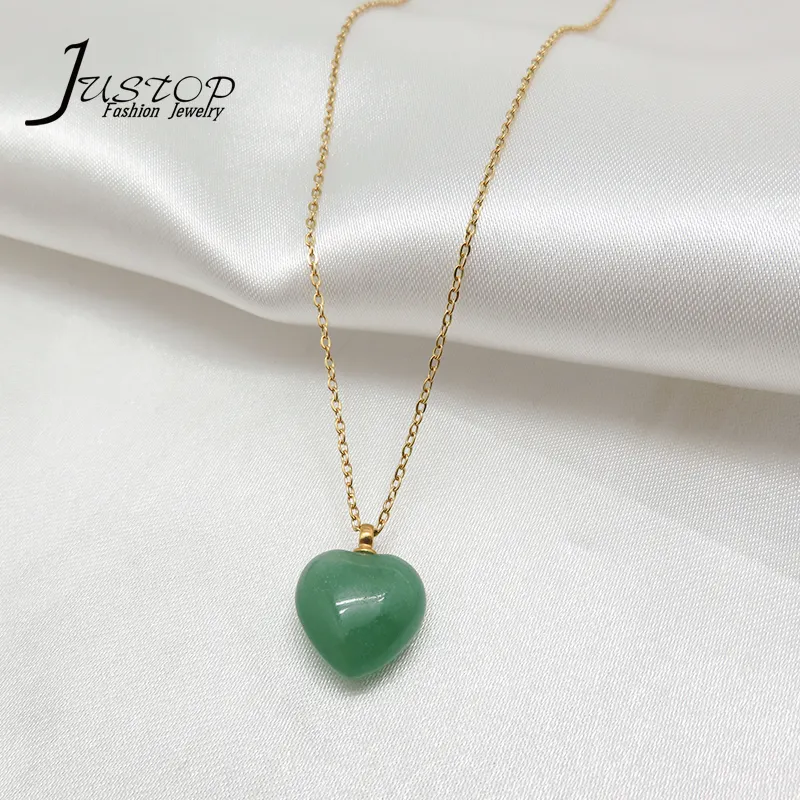 Cadena de joyería de acero inoxidable, collar de Jade verde con diseño de corazón de piedra Natural