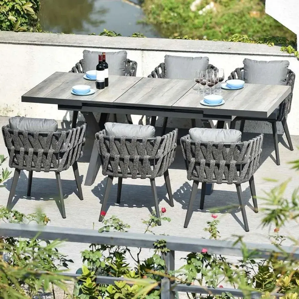 Fornitore cinese tavolo da pranzo da esterno moderno in alluminio per esterni tavolo da pranzo in piastrelle di ceramica per esterni e sedia in corda