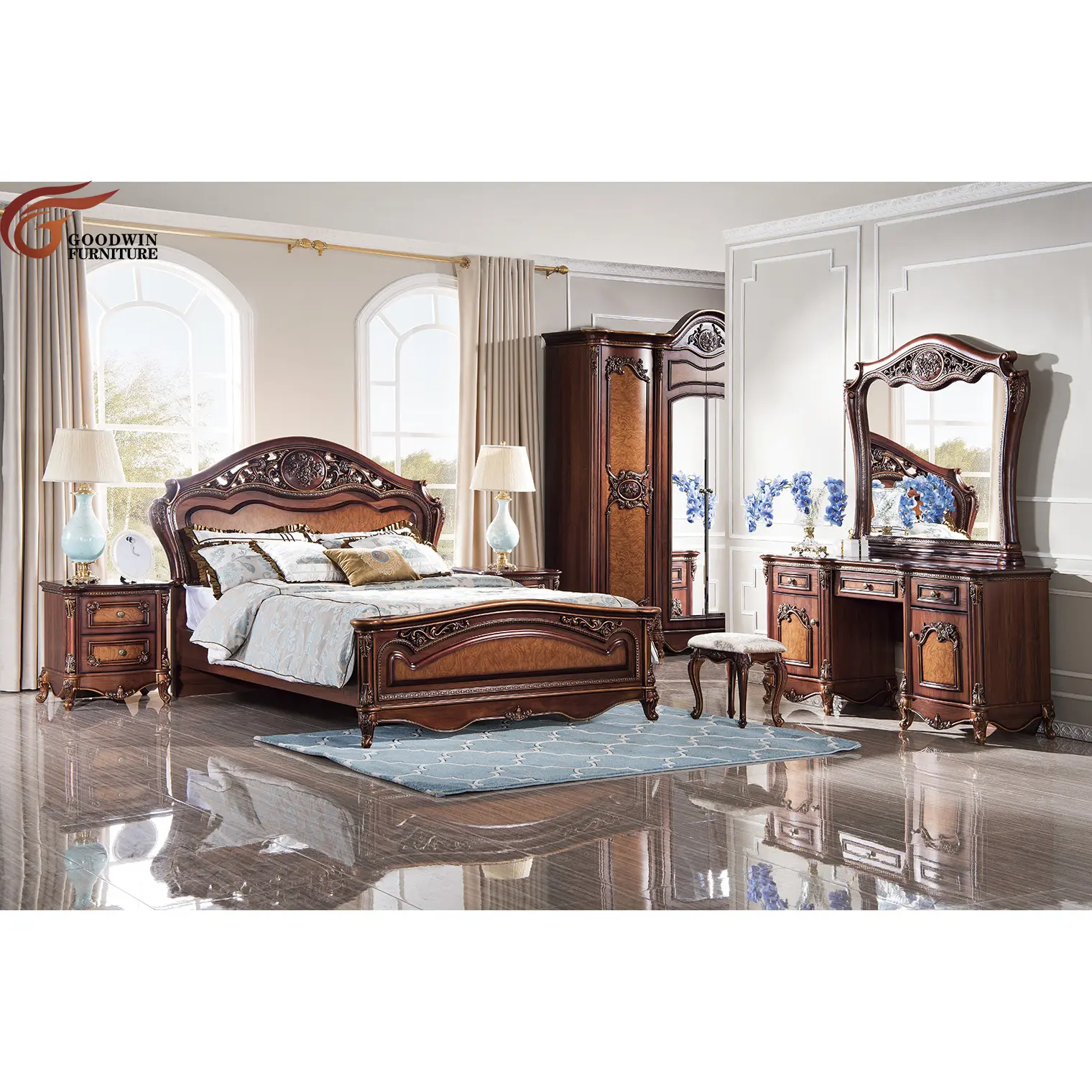 Usine professionnelle Style classique européen chambre meubles chambre 4 portes armoires King Size chambre ensembles GD18