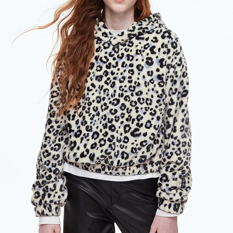 2023 Autumn Oem Custom Fuzzy Sweatshirt Plus Size Women's clothing Half Zip Up Leopard Print Hoodies Unisex