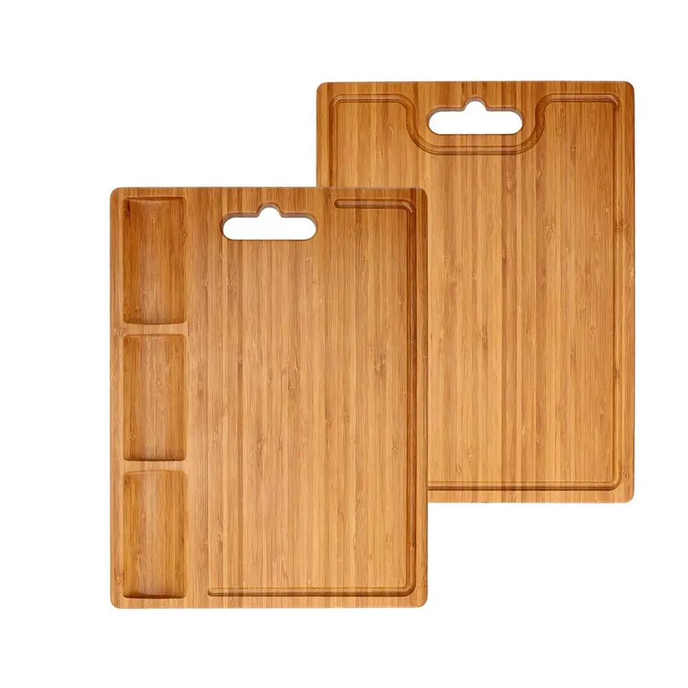 Planche à découper en bois au design unique avec trois compartiments et rainures de jus Planche à découper lisse et portable