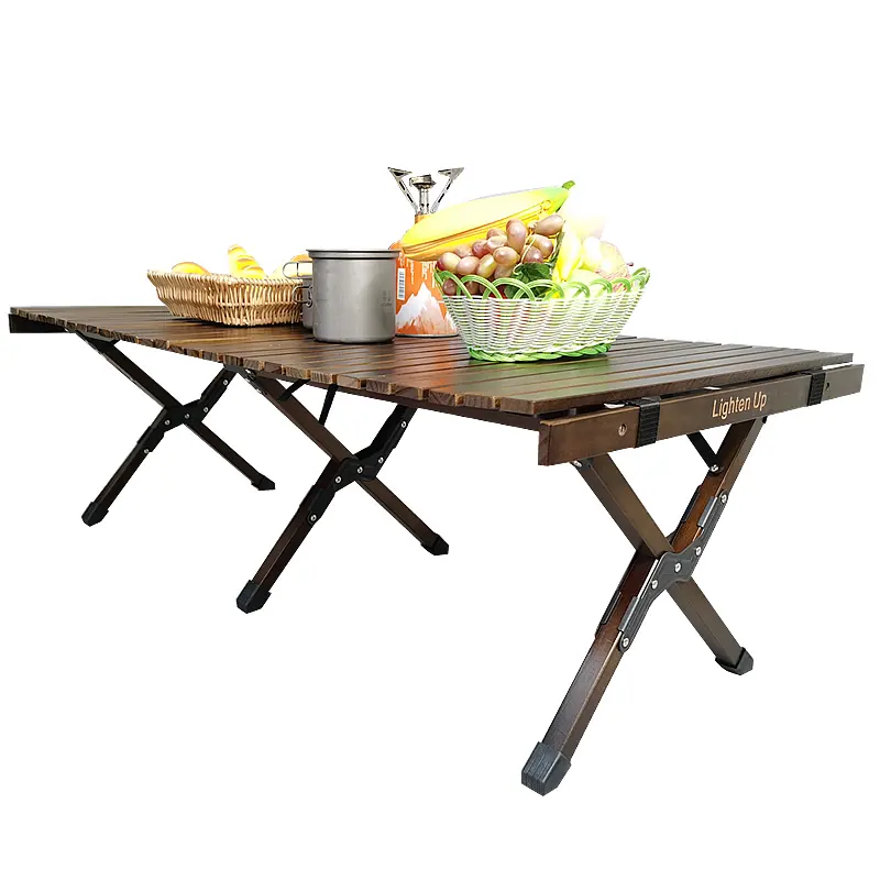 Table de pique-nique de camping extérieur enroulable Tables à manger de camping Portable en bois de pin Tissu Oxford Cuisine de camping moderne en bois massif