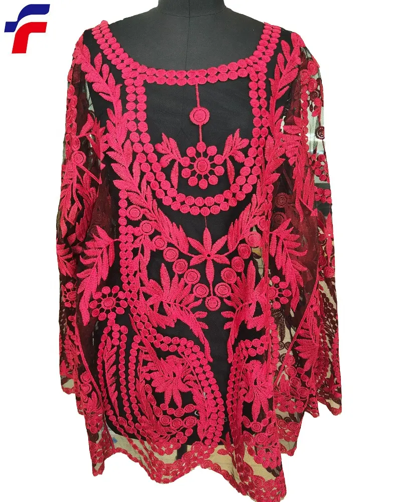 Women plus mama size knit top long sleeve elegant Chiffon Shirts Tops Women Blouse with embroidery mesh base