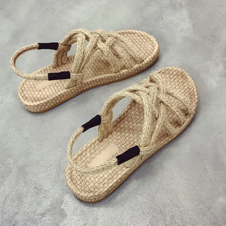 Sandalias romanas planas de cuerda de cáñamo para mujer, chanclas trenzadas de macramé para verano, zapatos de playa para mujer, venta al por mayor, novedad de F-1893, 2023