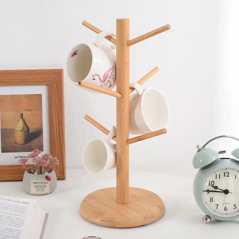 Bamboo Mug Holder Tree, Thicker Base Coffee Cup Holder Stand for Counter, Coffee Mug Rack with 6 Hooks Wooden Mug Stand