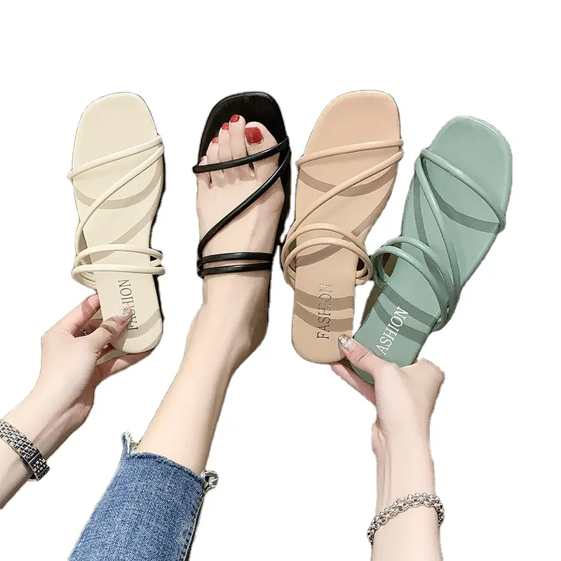 2023 summer new two wearing women's fashion Korean version one line belt sandals leisure flat bottomed external wearing slippers