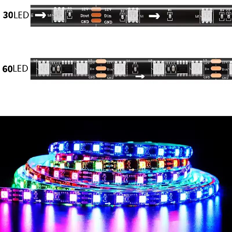 Siyah PCB beyaz pcb çift katmanlı DC12V 5m WS2812B WS2812 WS2811 Led piksel şerit 30 / 60leds akıllı RGB tam renkli led şerit işık