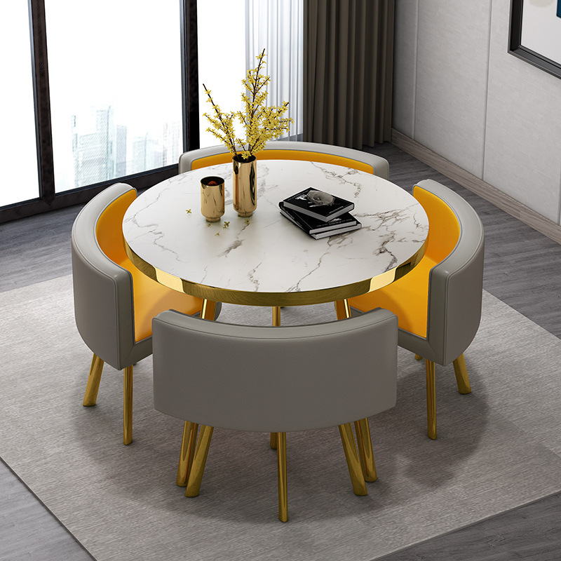 Gris + amarillo 1 mesa 4 sillas + cuero gris y amarillo