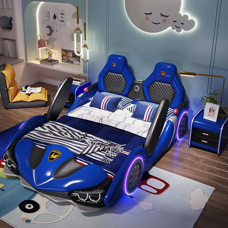 Fabriek Groothandel Dubbele Creatieve Kinderen Auto Bed Jongen Cartoon Lederen Eenpersoonsbed Met Vangrail Meisje Kinderen Racing Auto Bed