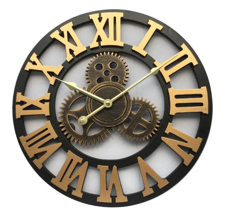 Relógio de parede máquina dourada, grande quadro de madeira industrial numerais romanos mecânicos relógio de parede