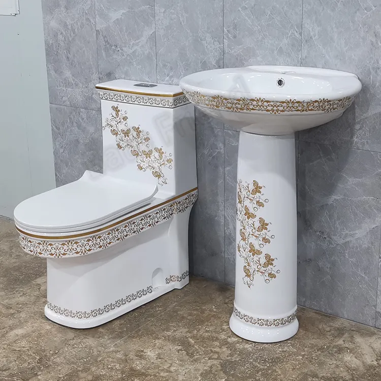 Commercio all'ingrosso washdown one piece wc toilette flower print decoration gold toilet sanitari suite con lavabo a piedistallo