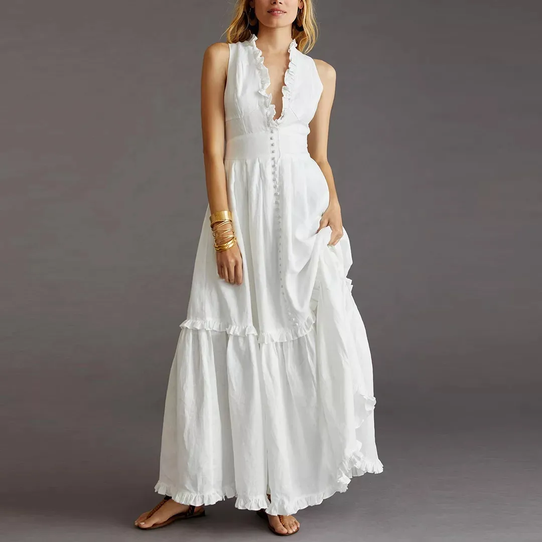 Maxi vestido de algodão feminino, plissado sem manga gola em v com costas baixas casual elegante branco com botão para verão 100%